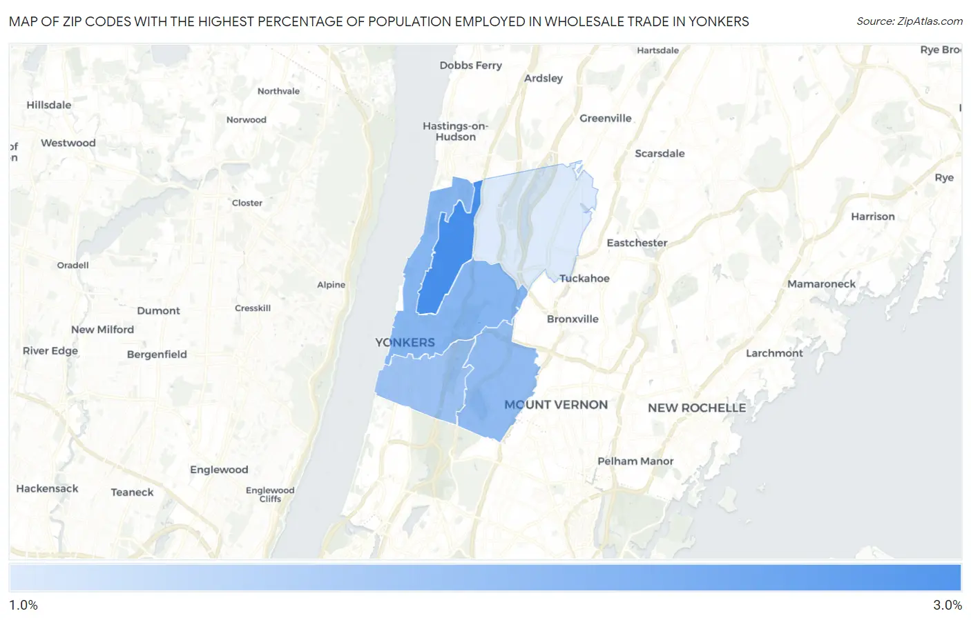 Zip Codes with the Highest Percentage of Population Employed in Wholesale Trade in Yonkers Map