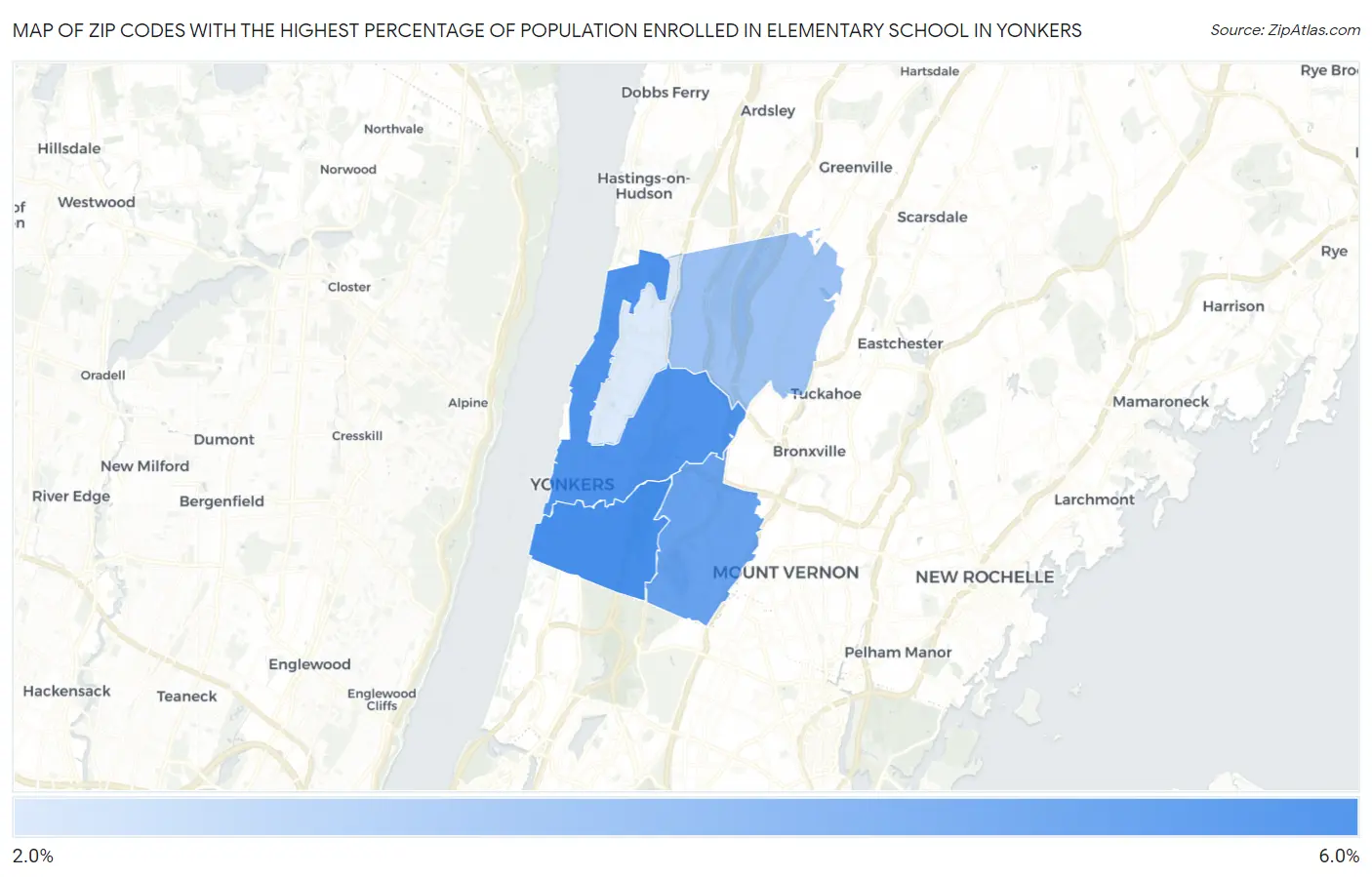 Zip Codes with the Highest Percentage of Population Enrolled in Elementary School in Yonkers Map