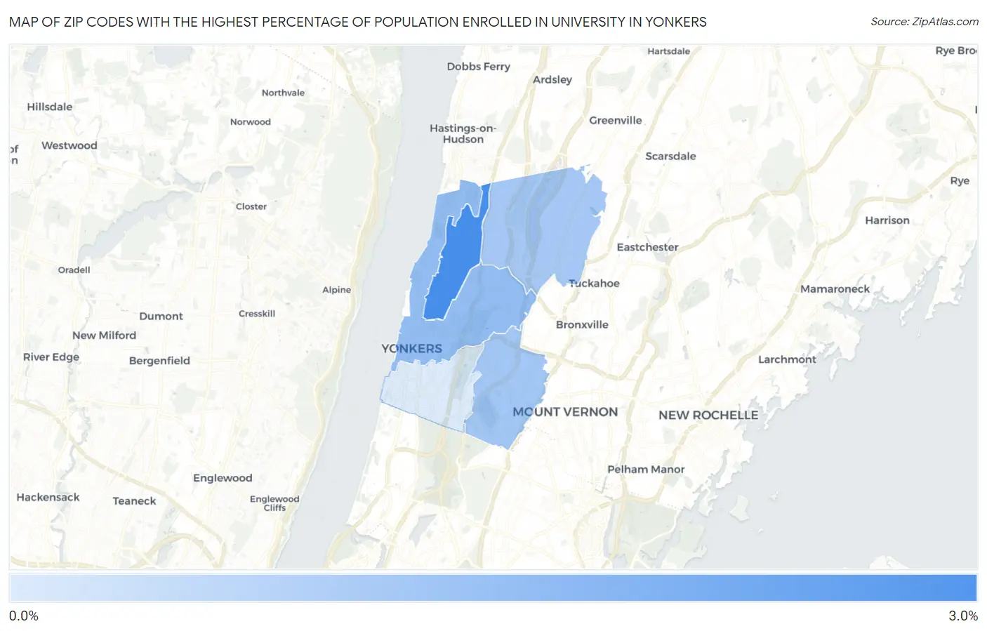 Zip Codes with the Highest Percentage of Population Enrolled in University in Yonkers Map