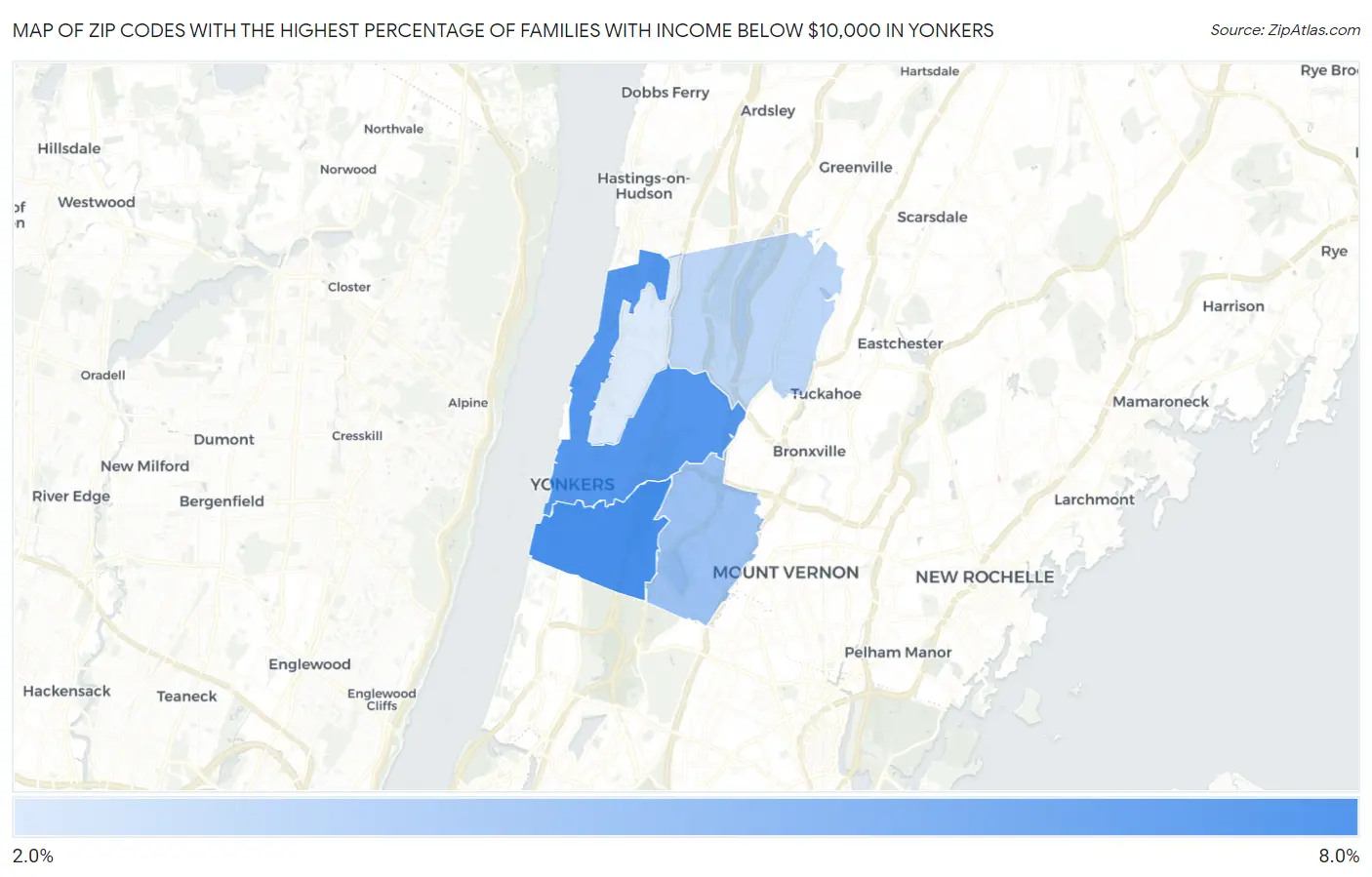 Zip Codes with the Highest Percentage of Families with Income Below $10,000 in Yonkers Map