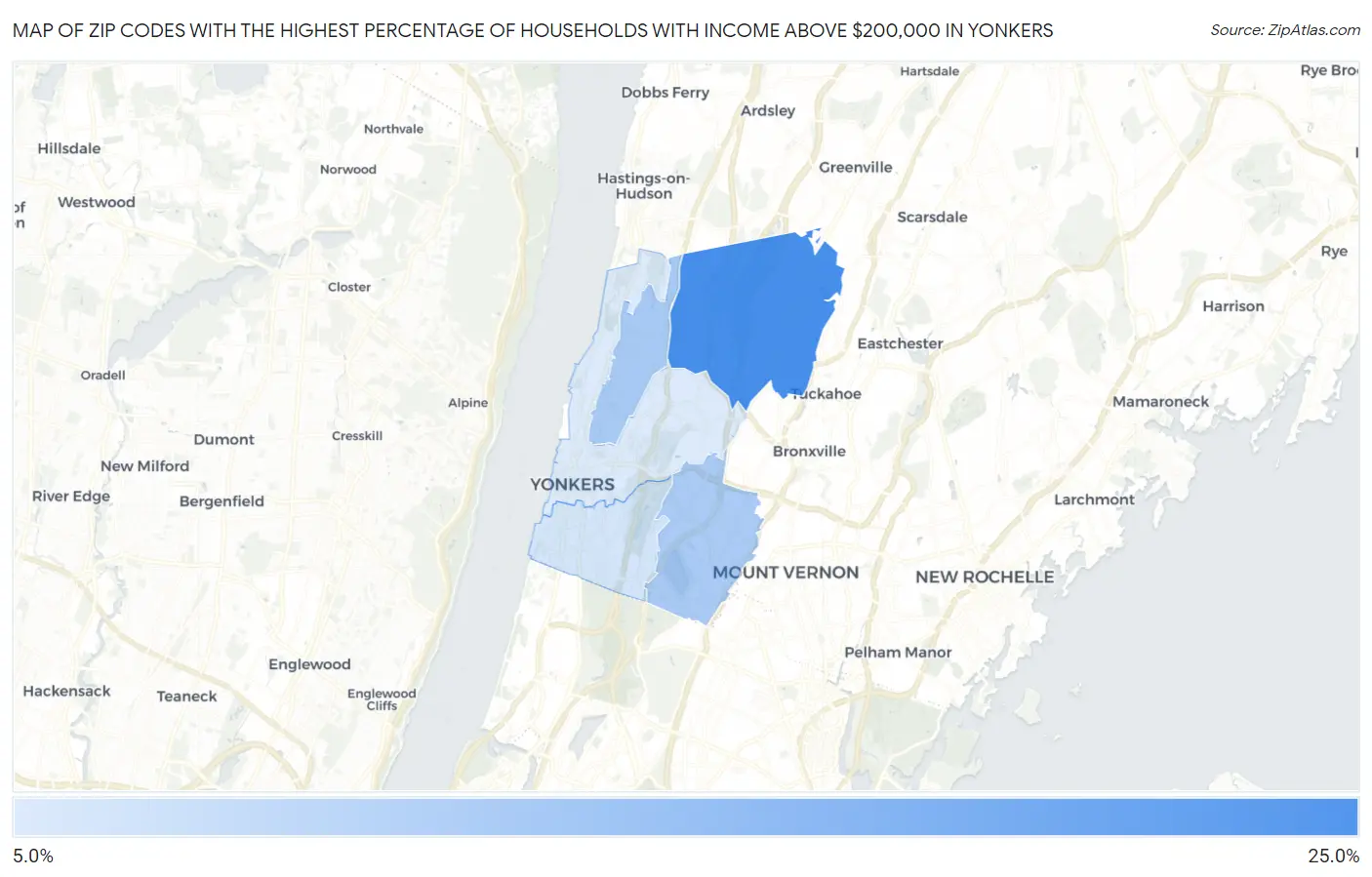 Zip Codes with the Highest Percentage of Households with Income Above $200,000 in Yonkers Map