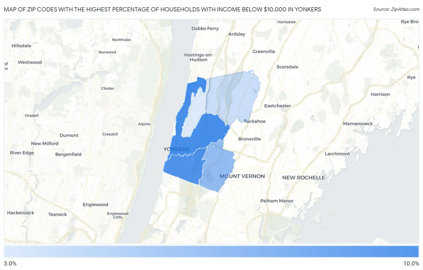 Zip Codes with the Highest Percentage of Households with Income Below $10,000 in Yonkers Map