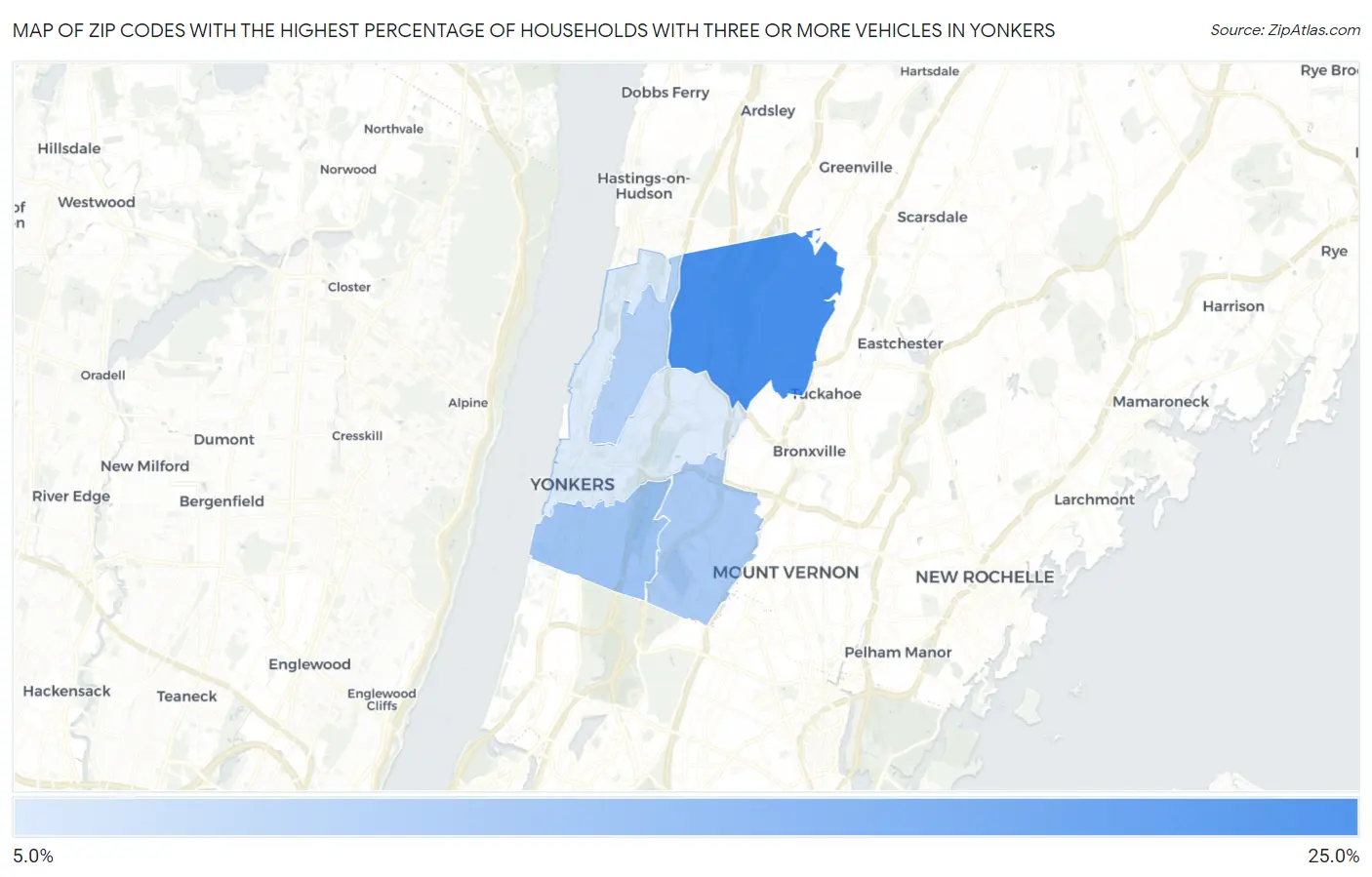 Zip Codes with the Highest Percentage of Households With Three or more Vehicles in Yonkers Map