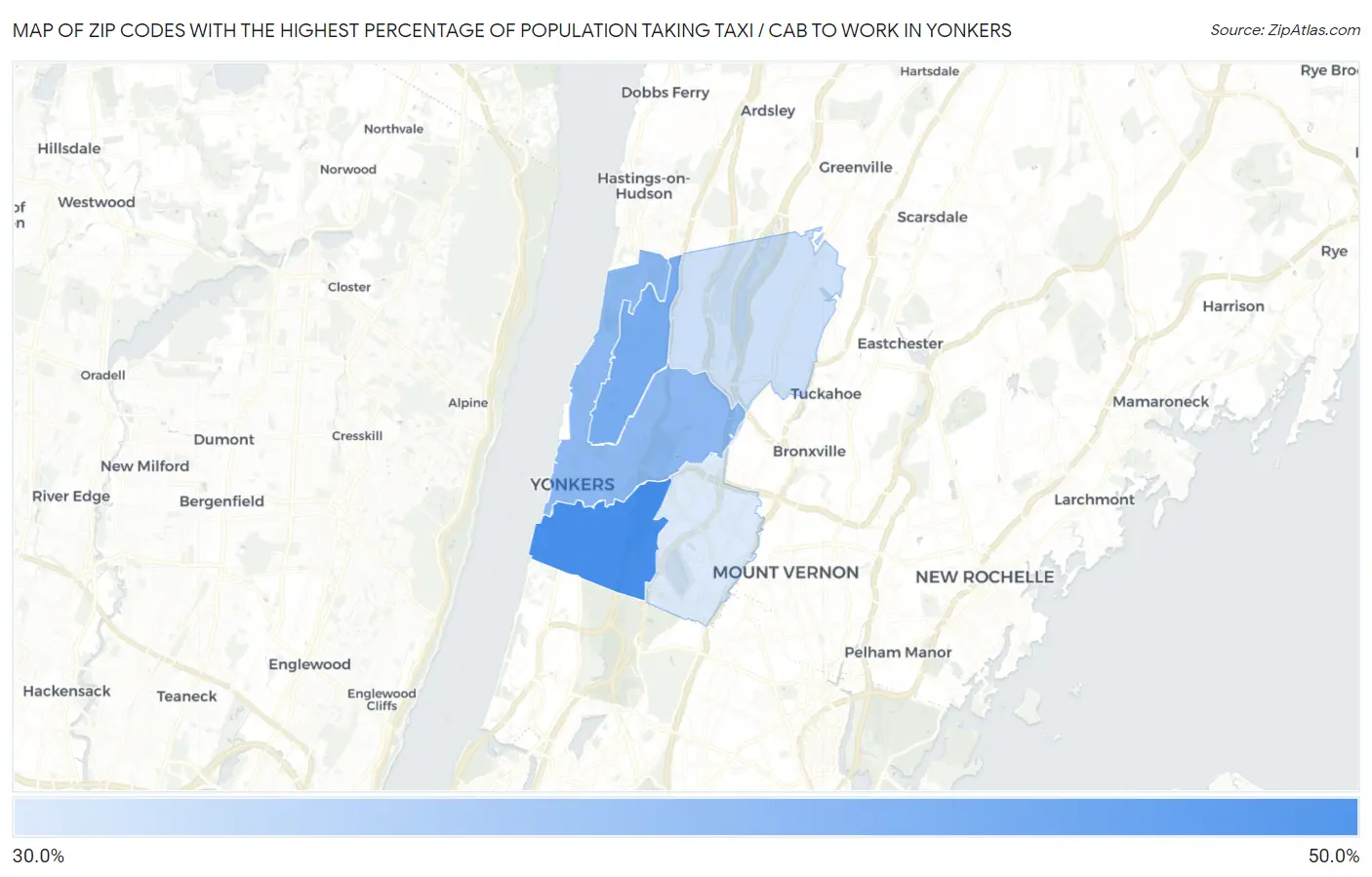 Zip Codes with the Highest Percentage of Population Taking Taxi / Cab to Work in Yonkers Map