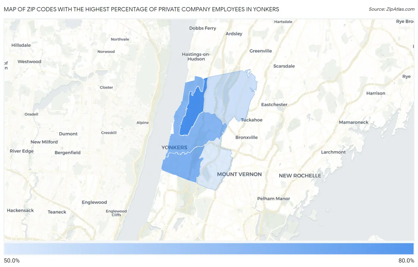 Zip Codes with the Highest Percentage of Private Company Employees in Yonkers Map