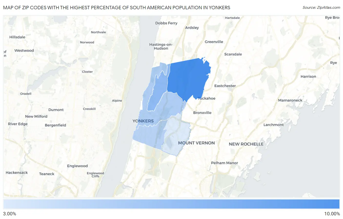 Zip Codes with the Highest Percentage of South American Population in Yonkers Map