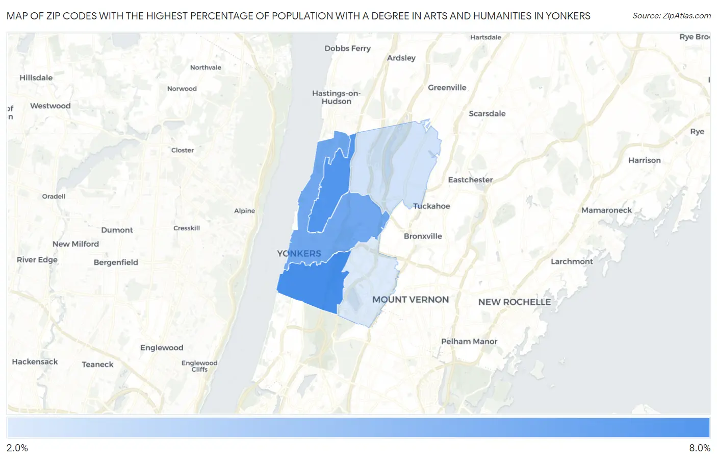 Zip Codes with the Highest Percentage of Population with a Degree in Arts and Humanities in Yonkers Map