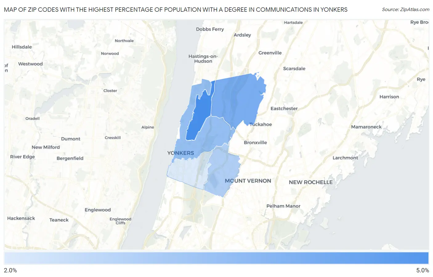 Zip Codes with the Highest Percentage of Population with a Degree in Communications in Yonkers Map