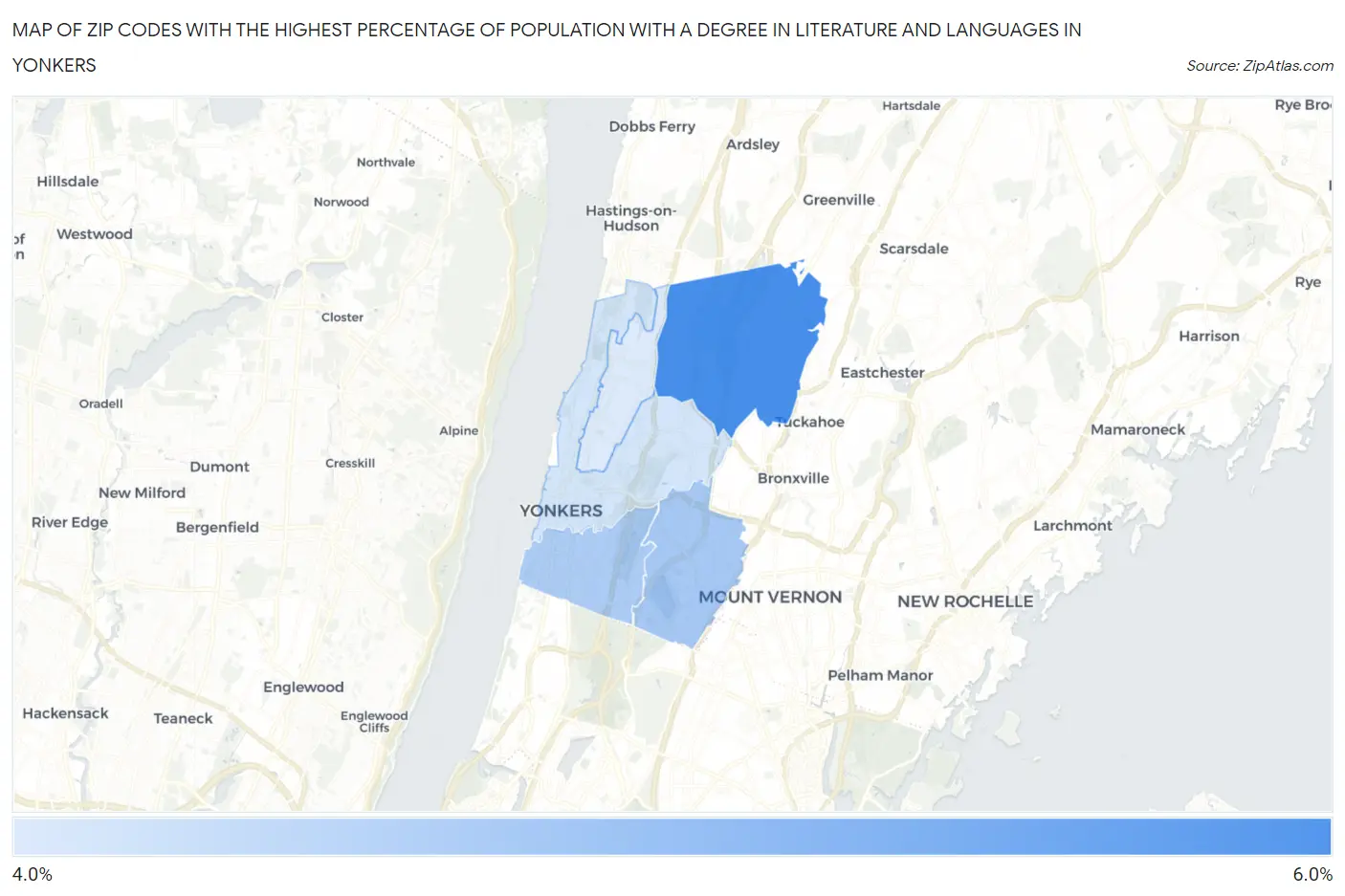 Zip Codes with the Highest Percentage of Population with a Degree in Literature and Languages in Yonkers Map