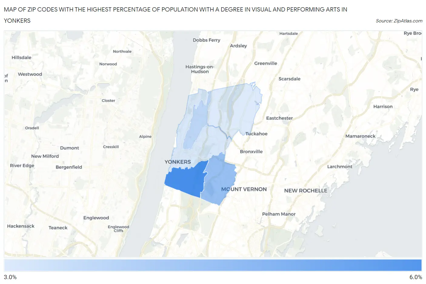 Zip Codes with the Highest Percentage of Population with a Degree in Visual and Performing Arts in Yonkers Map