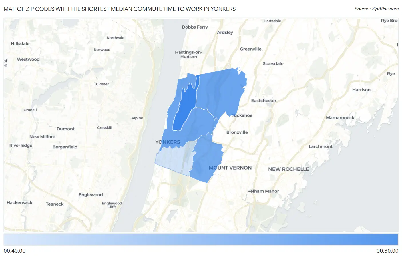 Zip Codes with the Shortest Median Commute Time to Work in Yonkers Map