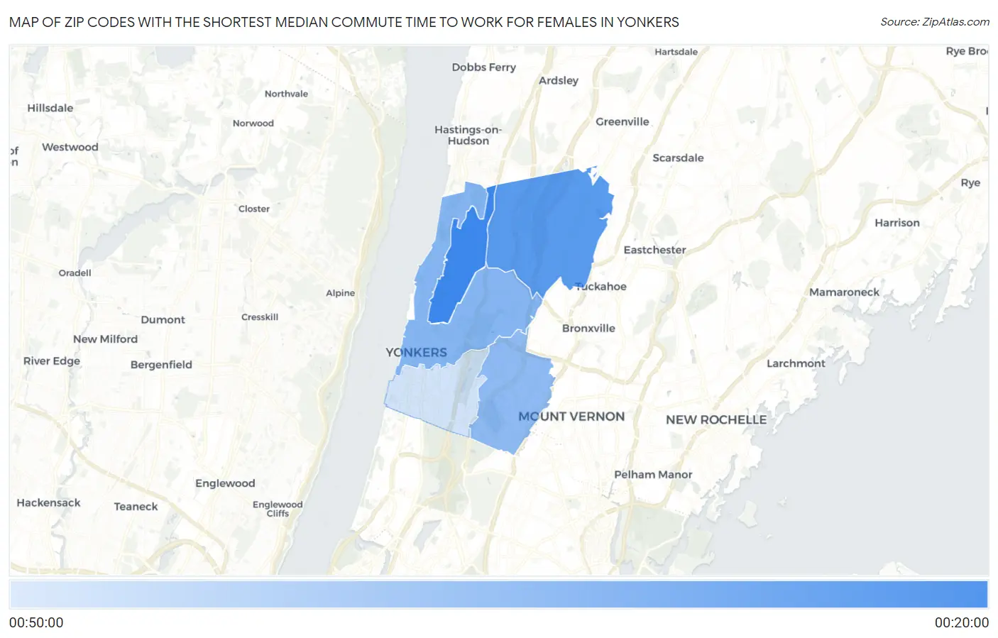 Zip Codes with the Shortest Median Commute Time to Work for Females in Yonkers Map