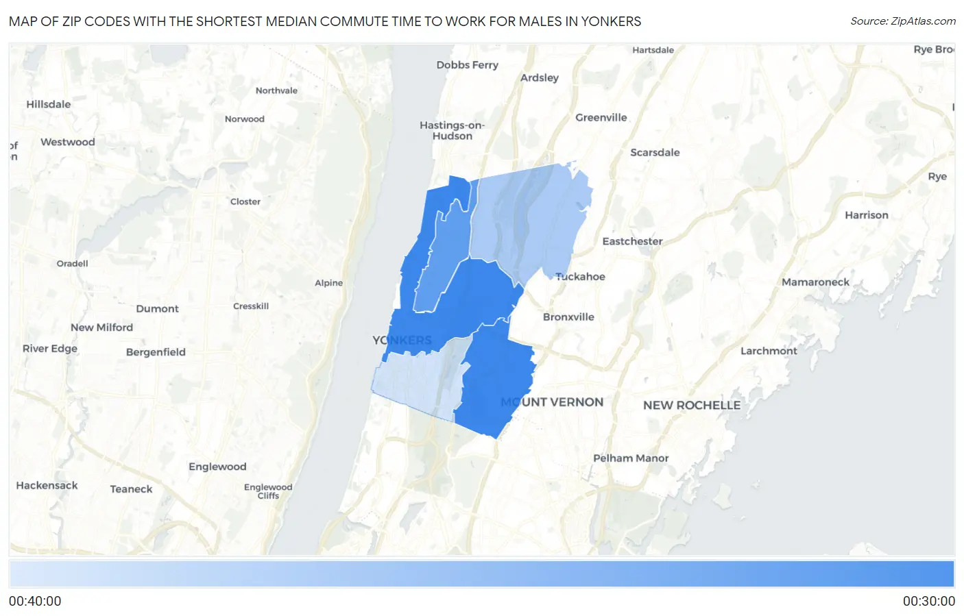 Zip Codes with the Shortest Median Commute Time to Work for Males in Yonkers Map