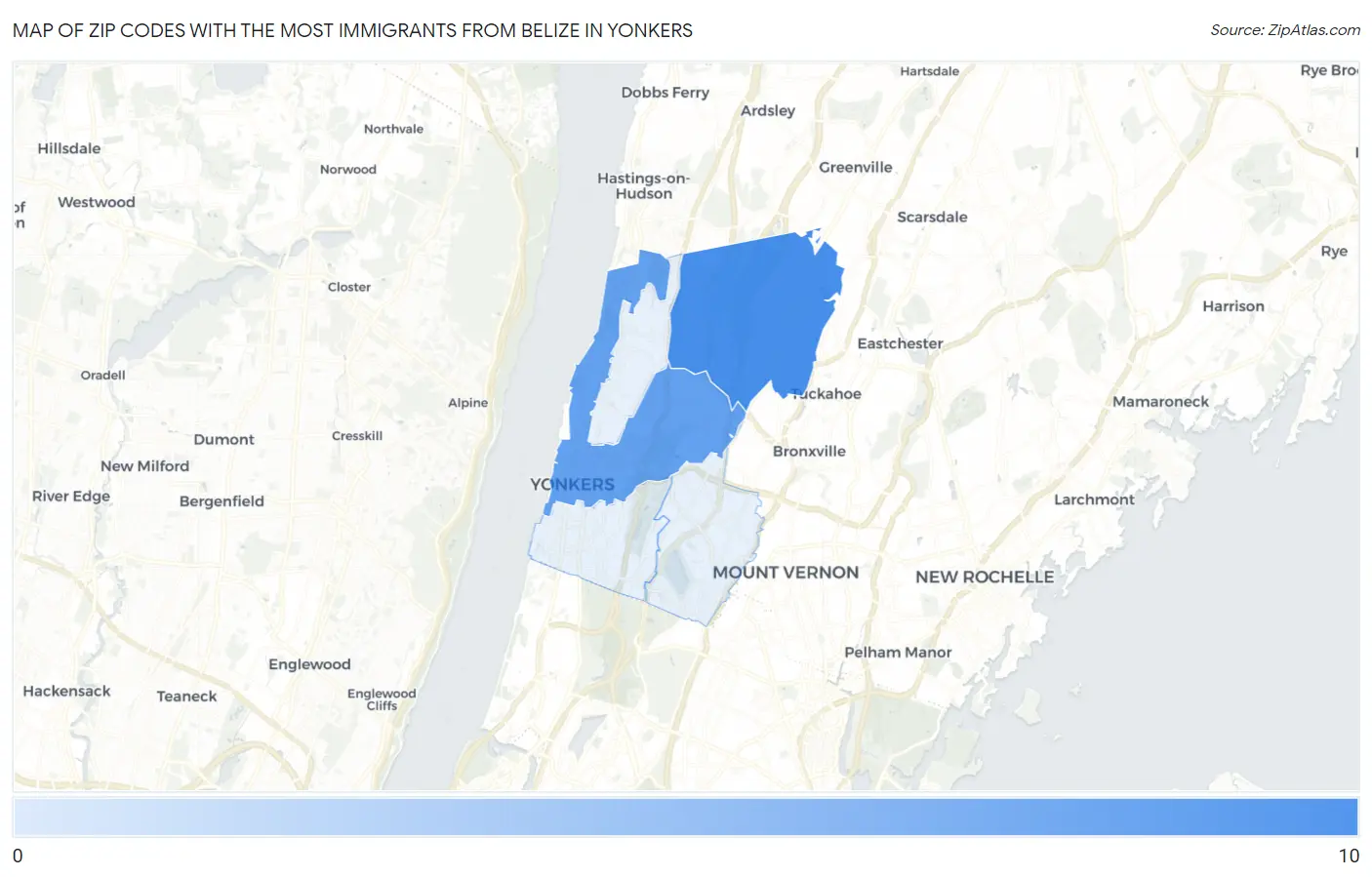 Zip Codes with the Most Immigrants from Belize in Yonkers Map