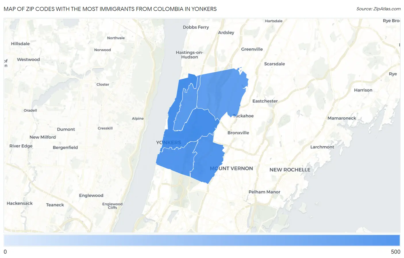 Zip Codes with the Most Immigrants from Colombia in Yonkers Map