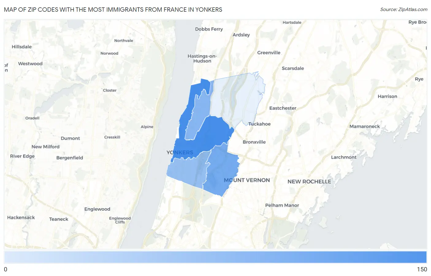Zip Codes with the Most Immigrants from France in Yonkers Map