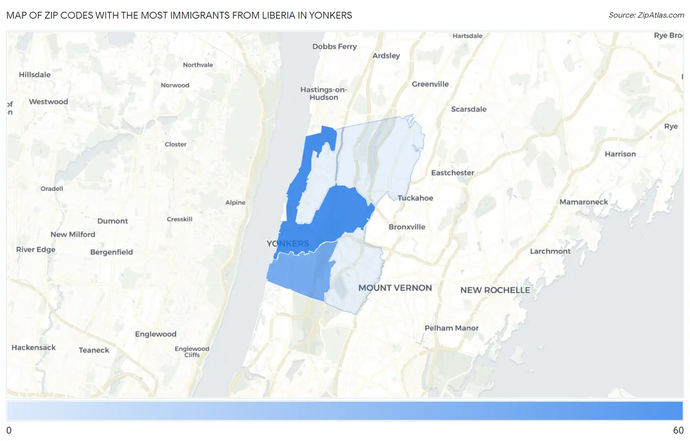 Zip Codes with the Most Immigrants from Liberia in Yonkers Map