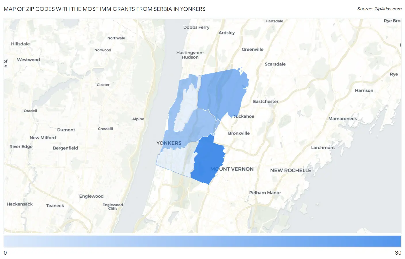 Zip Codes with the Most Immigrants from Serbia in Yonkers Map