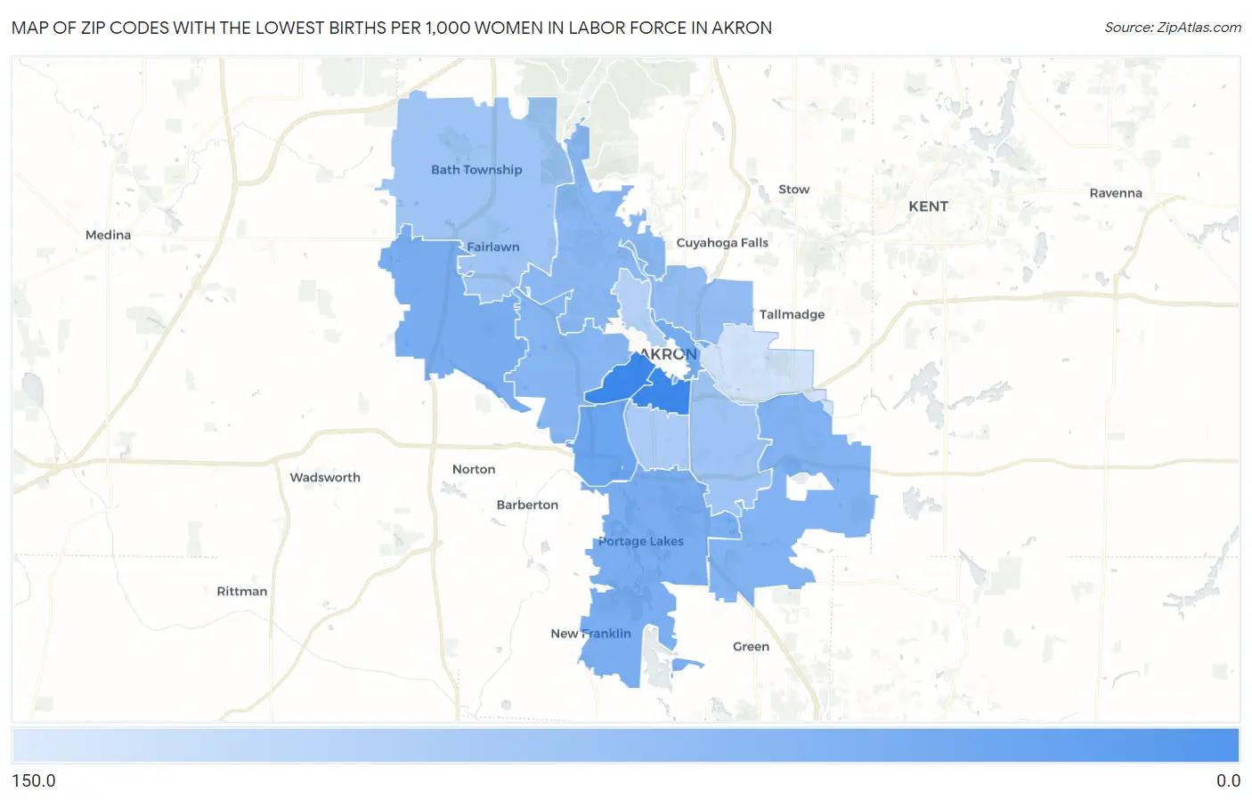 Zip Codes with the Lowest Births per 1,000 Women in Labor Force in Akron Map