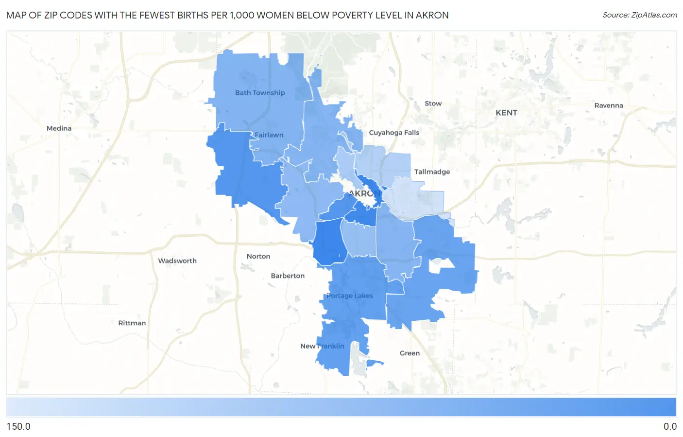 Zip Codes with the Fewest Births per 1,000 Women Below Poverty Level in Akron Map