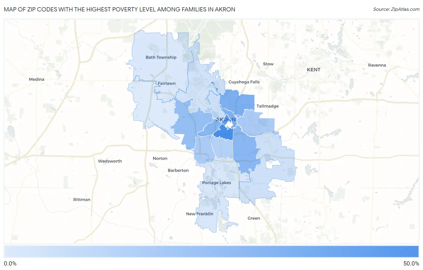 Zip Codes with the Highest Poverty Level Among Families in Akron Map