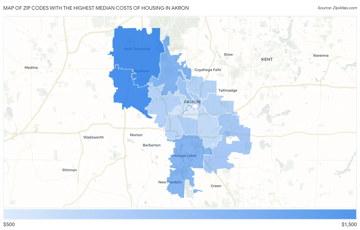 Zip Codes with the Highest Median Costs of Housing in Akron Map
