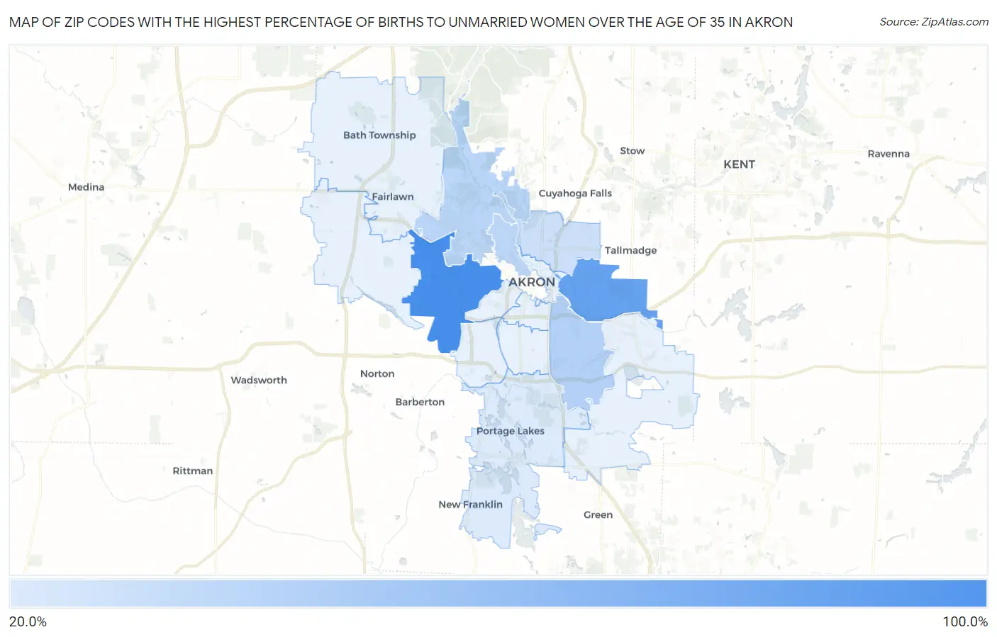 Zip Codes with the Highest Percentage of Births to Unmarried Women over the Age of 35 in Akron Map