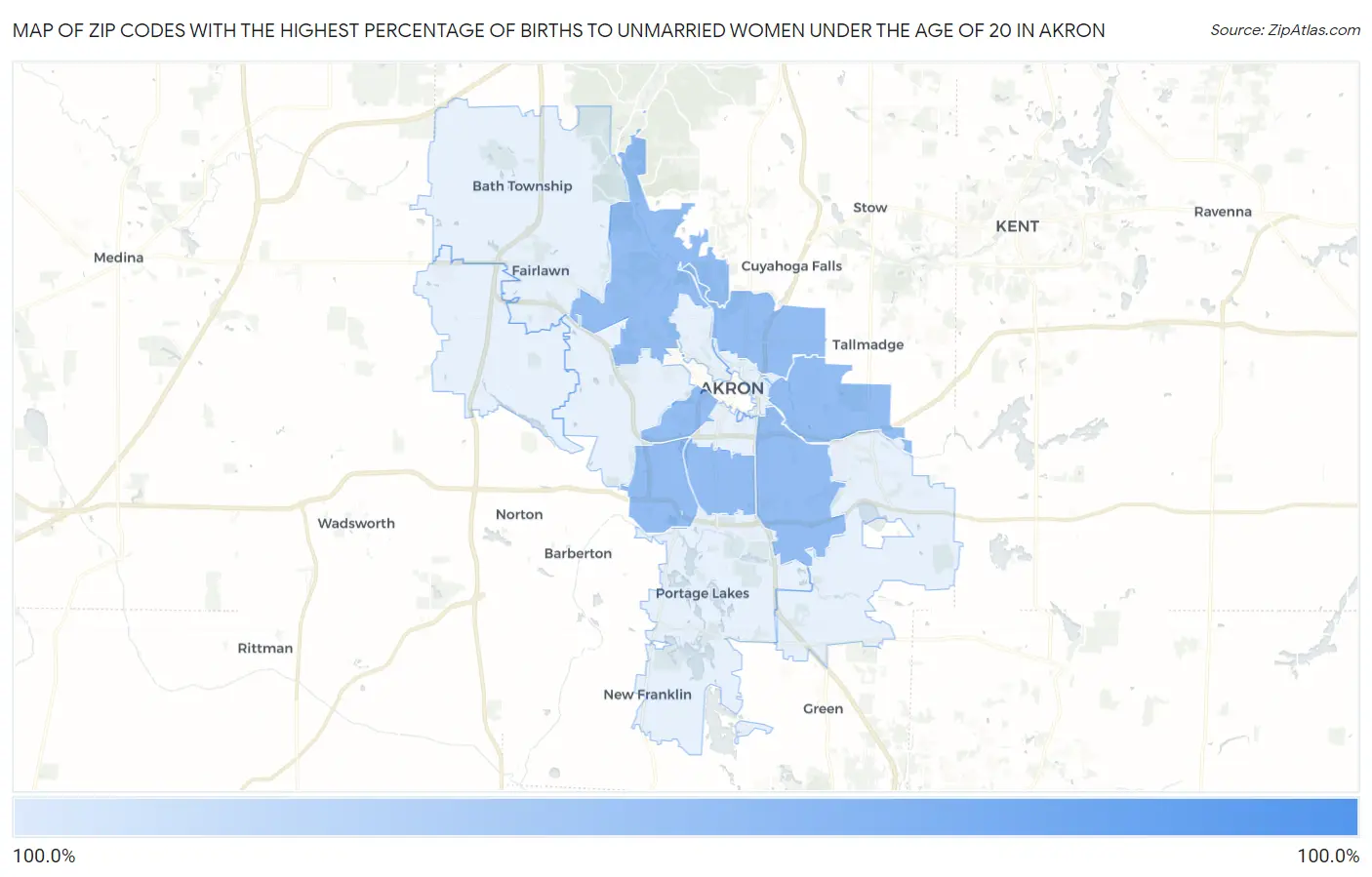 Zip Codes with the Highest Percentage of Births to Unmarried Women under the Age of 20 in Akron Map