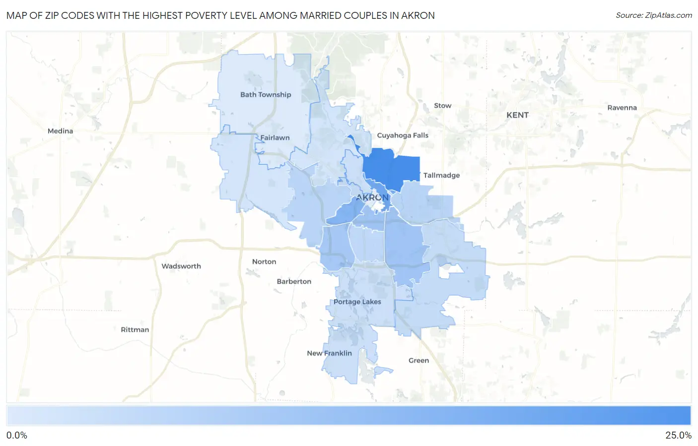 Zip Codes with the Highest Poverty Level Among Married Couples in Akron Map
