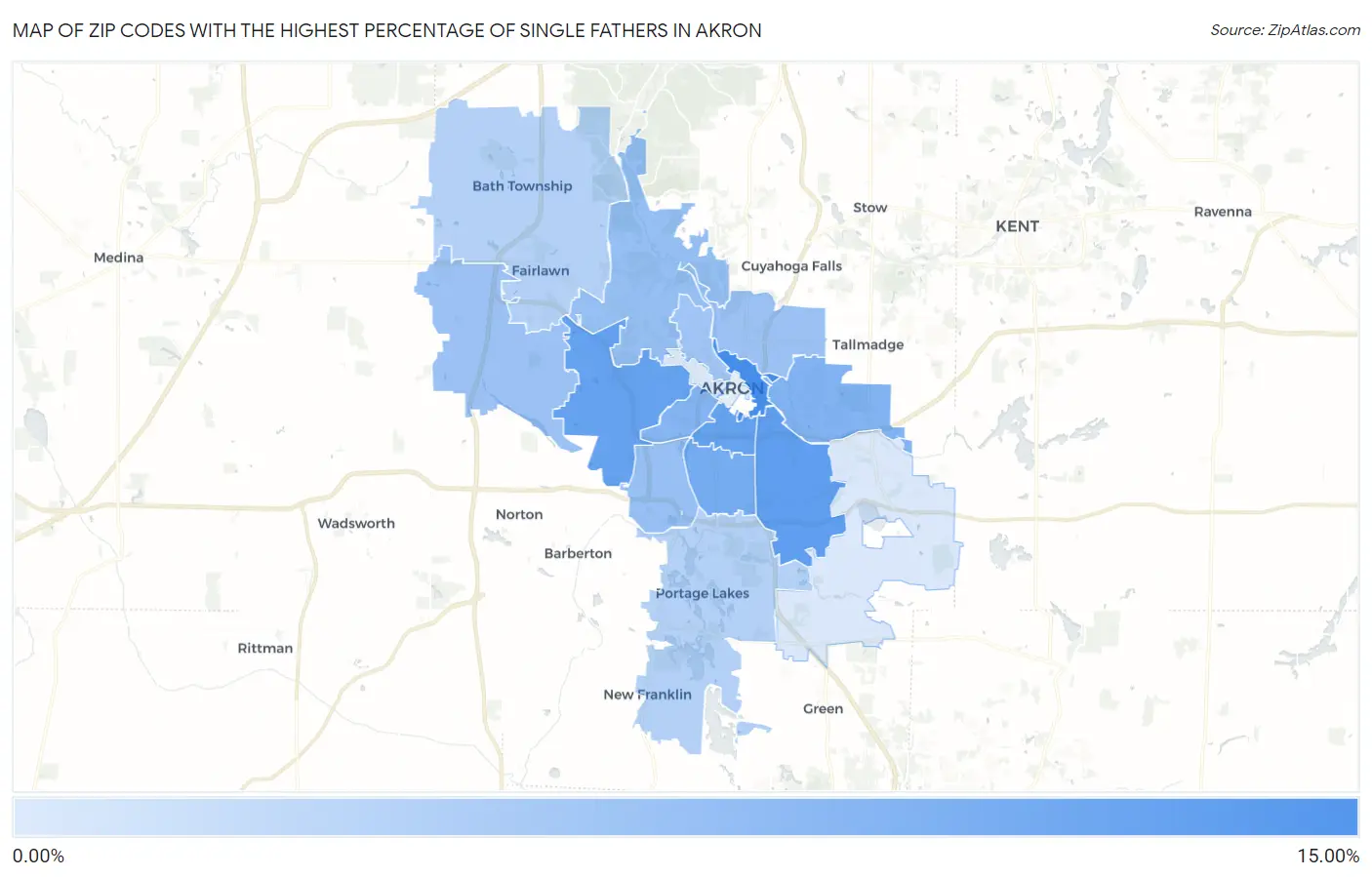 Zip Codes with the Highest Percentage of Single Fathers in Akron Map