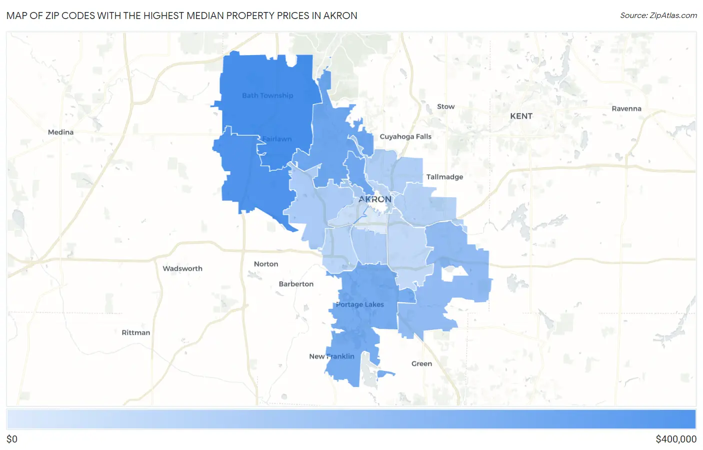 Zip Codes with the Highest Median Property Prices in Akron Map
