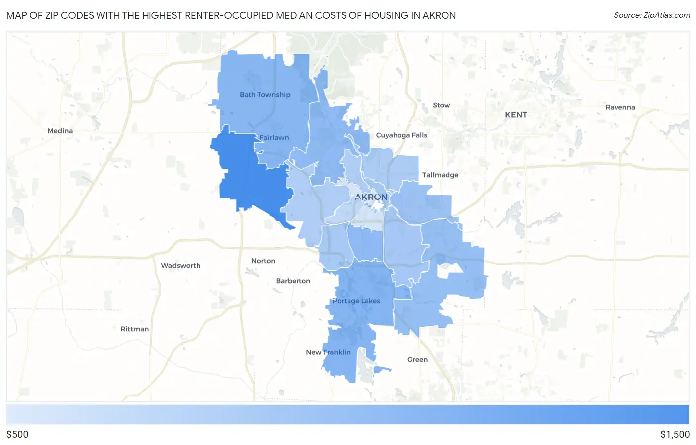 Zip Codes with the Highest Renter-Occupied Median Costs of Housing in Akron Map