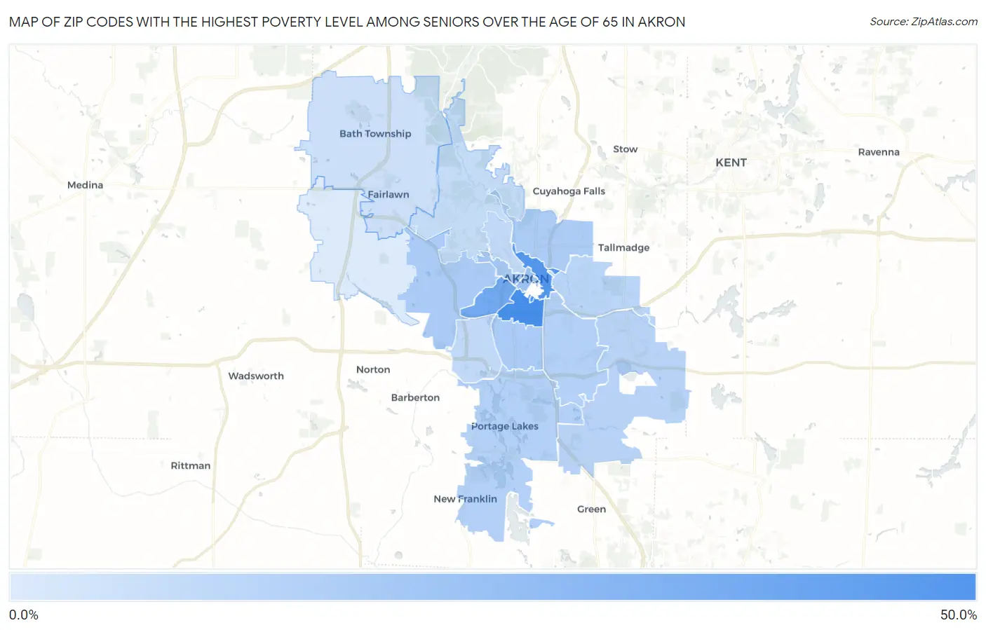 Zip Codes with the Highest Poverty Level Among Seniors Over the Age of 65 in Akron Map