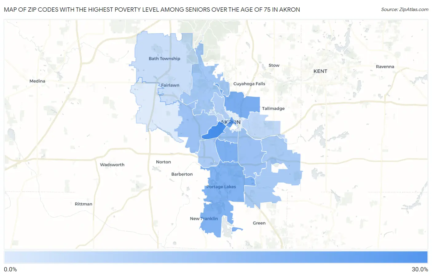 Zip Codes with the Highest Poverty Level Among Seniors Over the Age of 75 in Akron Map