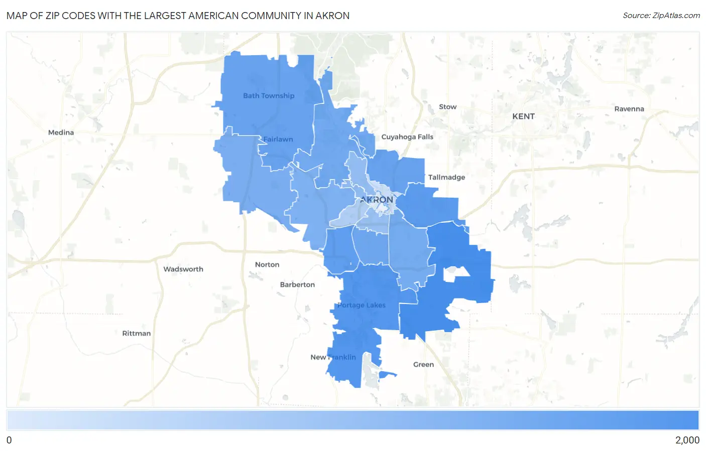 Zip Codes with the Largest American Community in Akron Map
