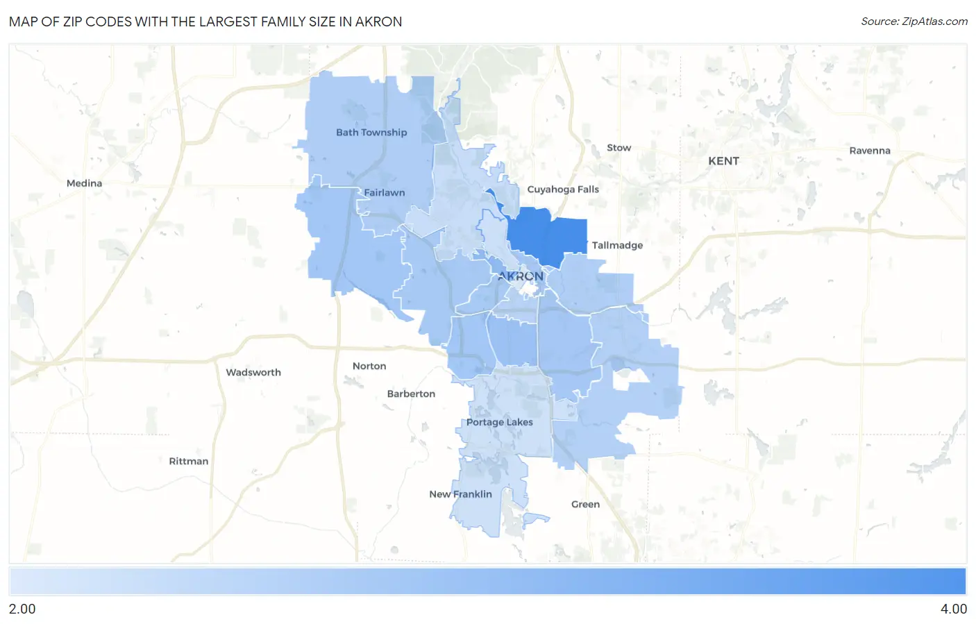 Zip Codes with the Largest Family Size in Akron Map
