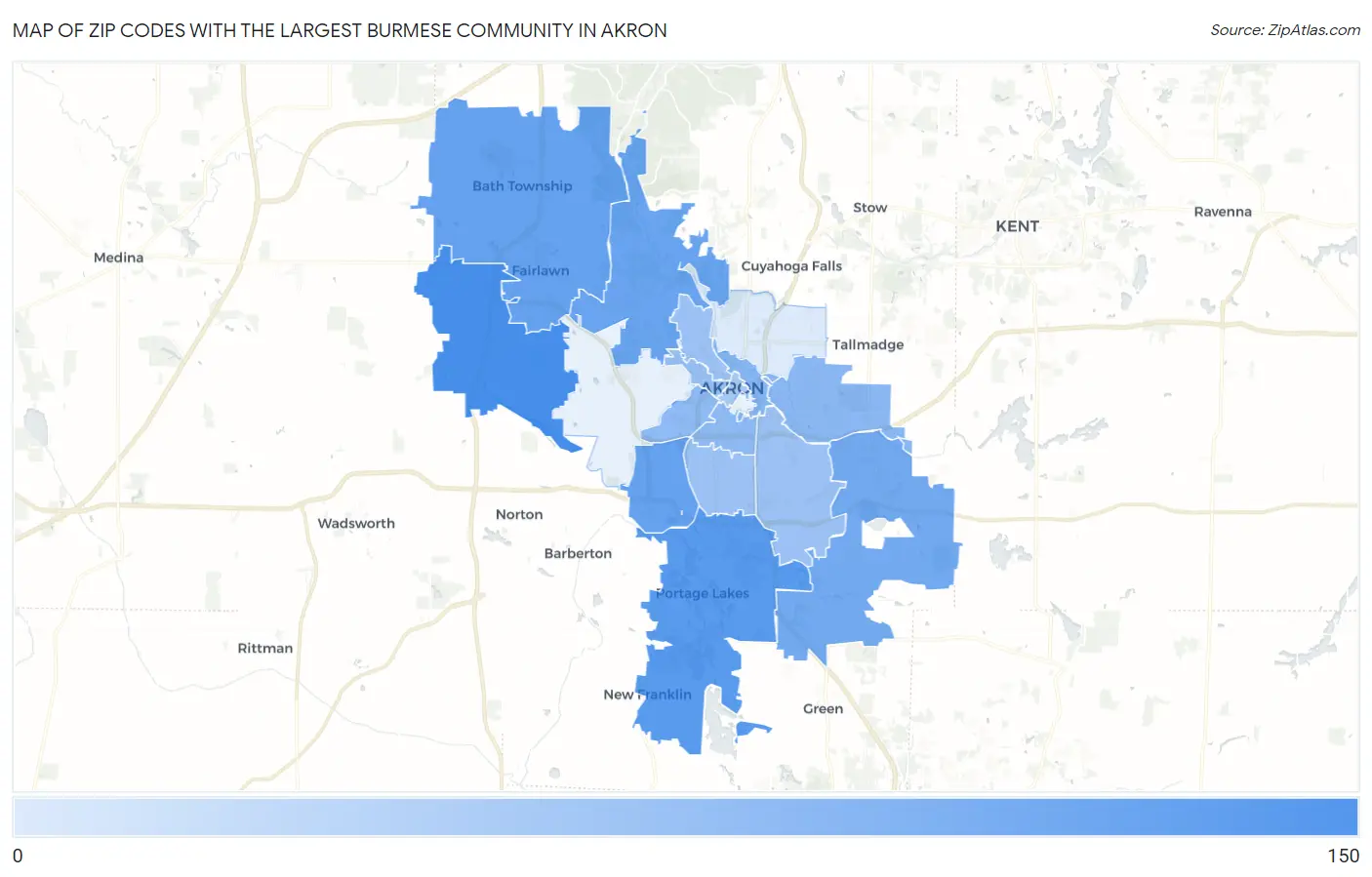 Zip Codes with the Largest Burmese Community in Akron Map