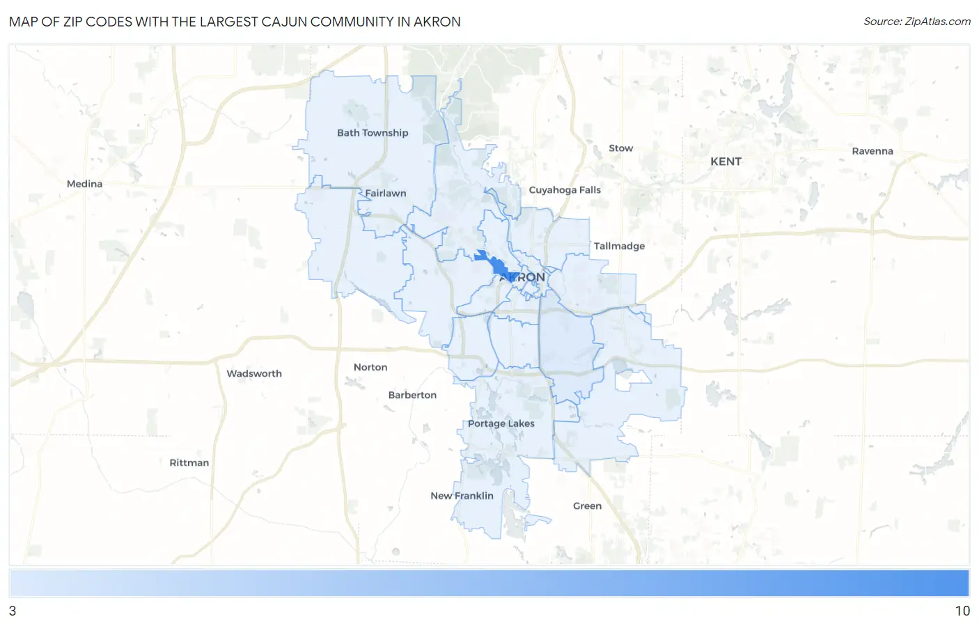 Zip Codes with the Largest Cajun Community in Akron Map