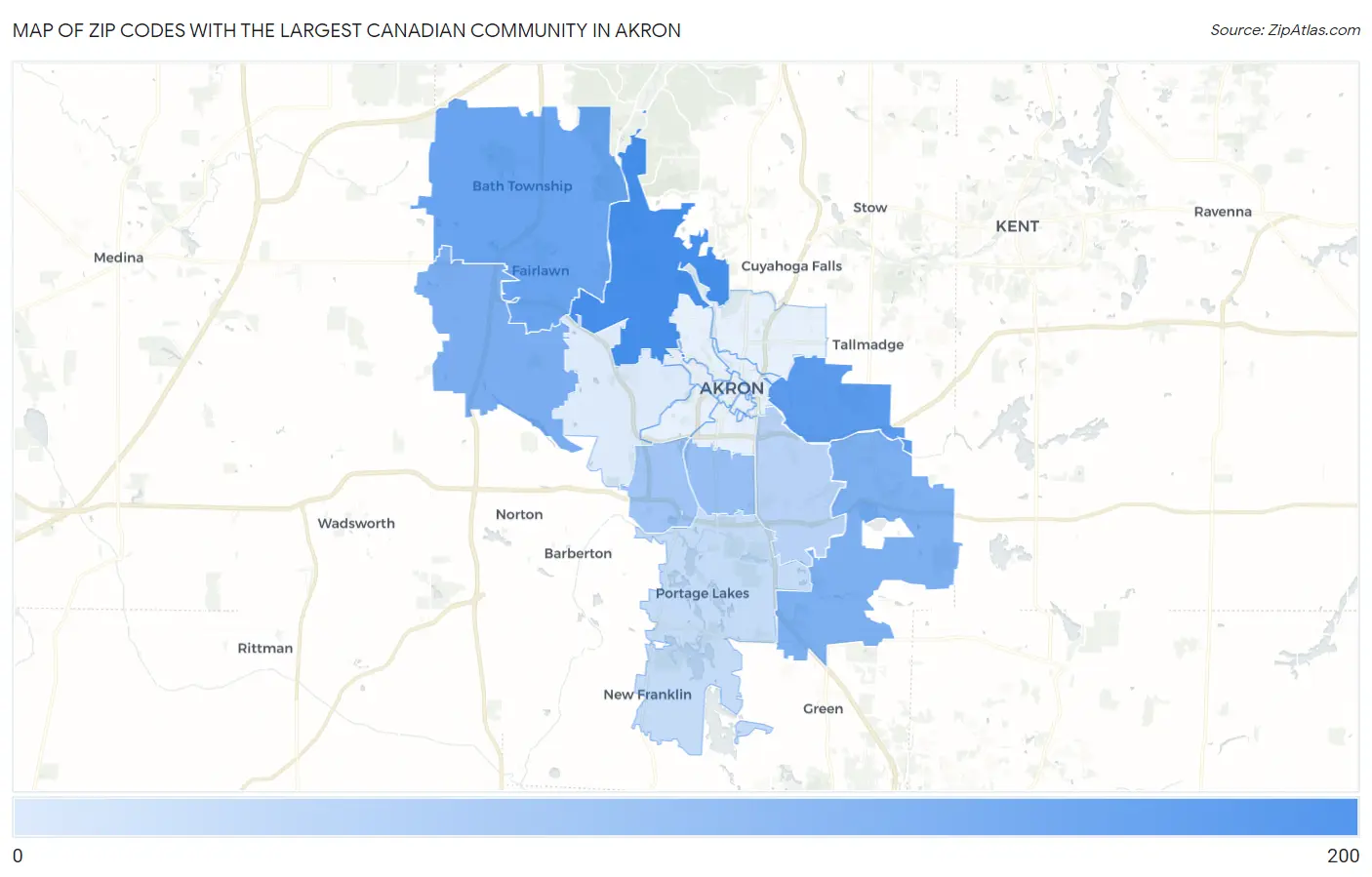 Zip Codes with the Largest Canadian Community in Akron Map