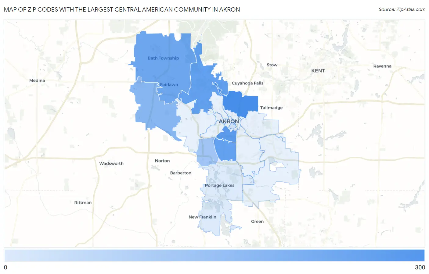Zip Codes with the Largest Central American Community in Akron Map