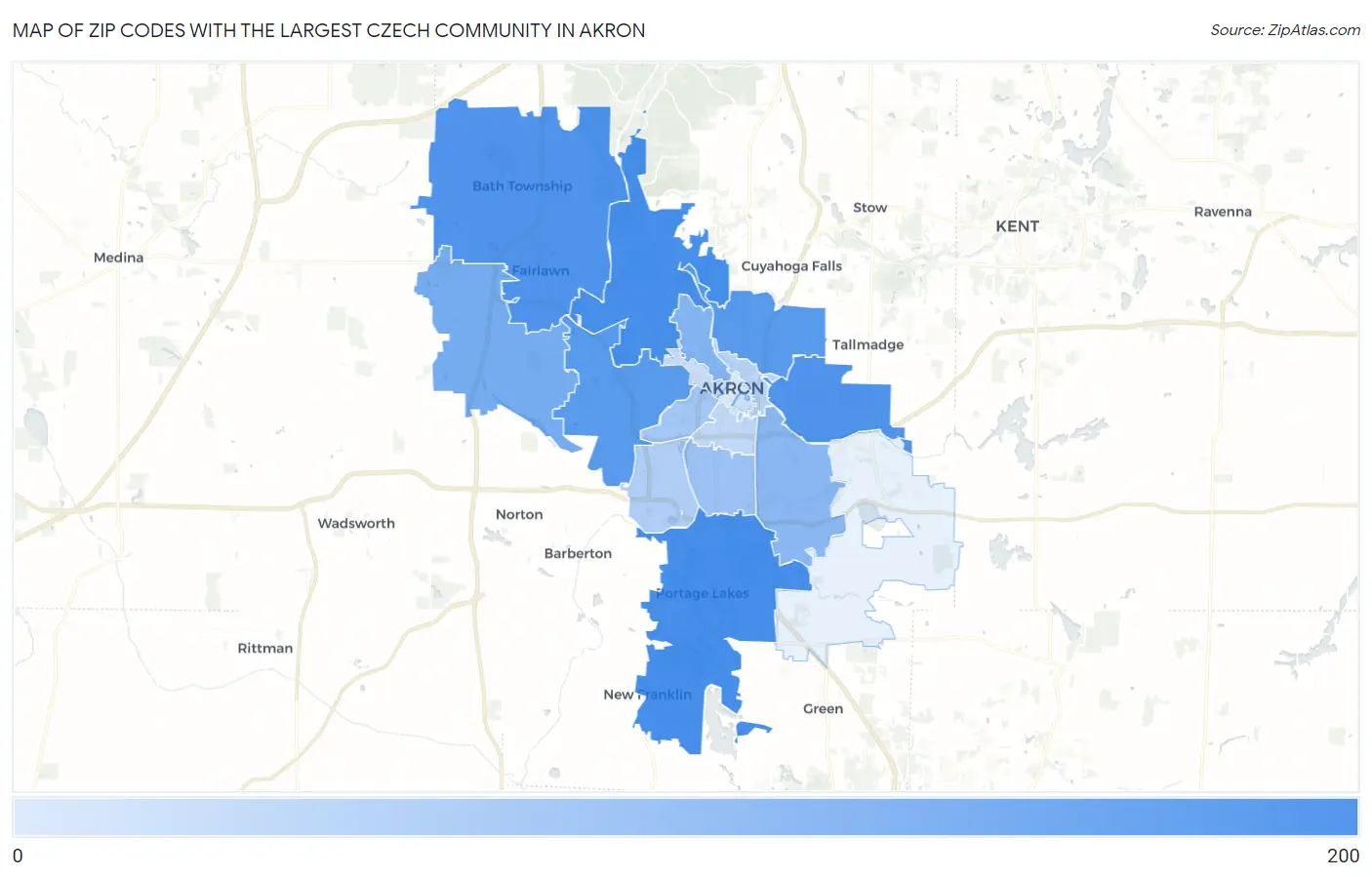 Zip Codes with the Largest Czech Community in Akron Map