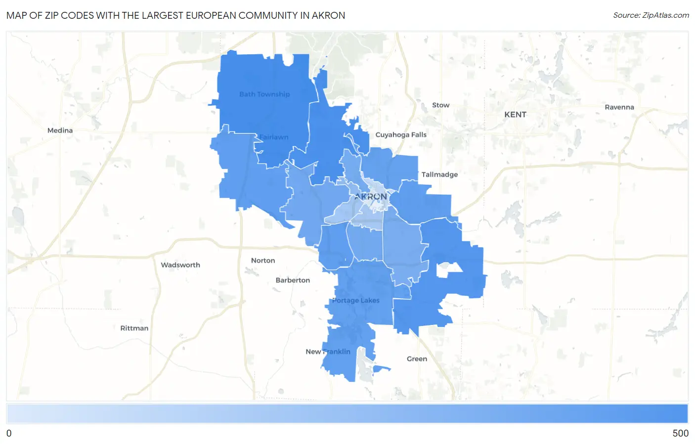 Zip Codes with the Largest European Community in Akron Map