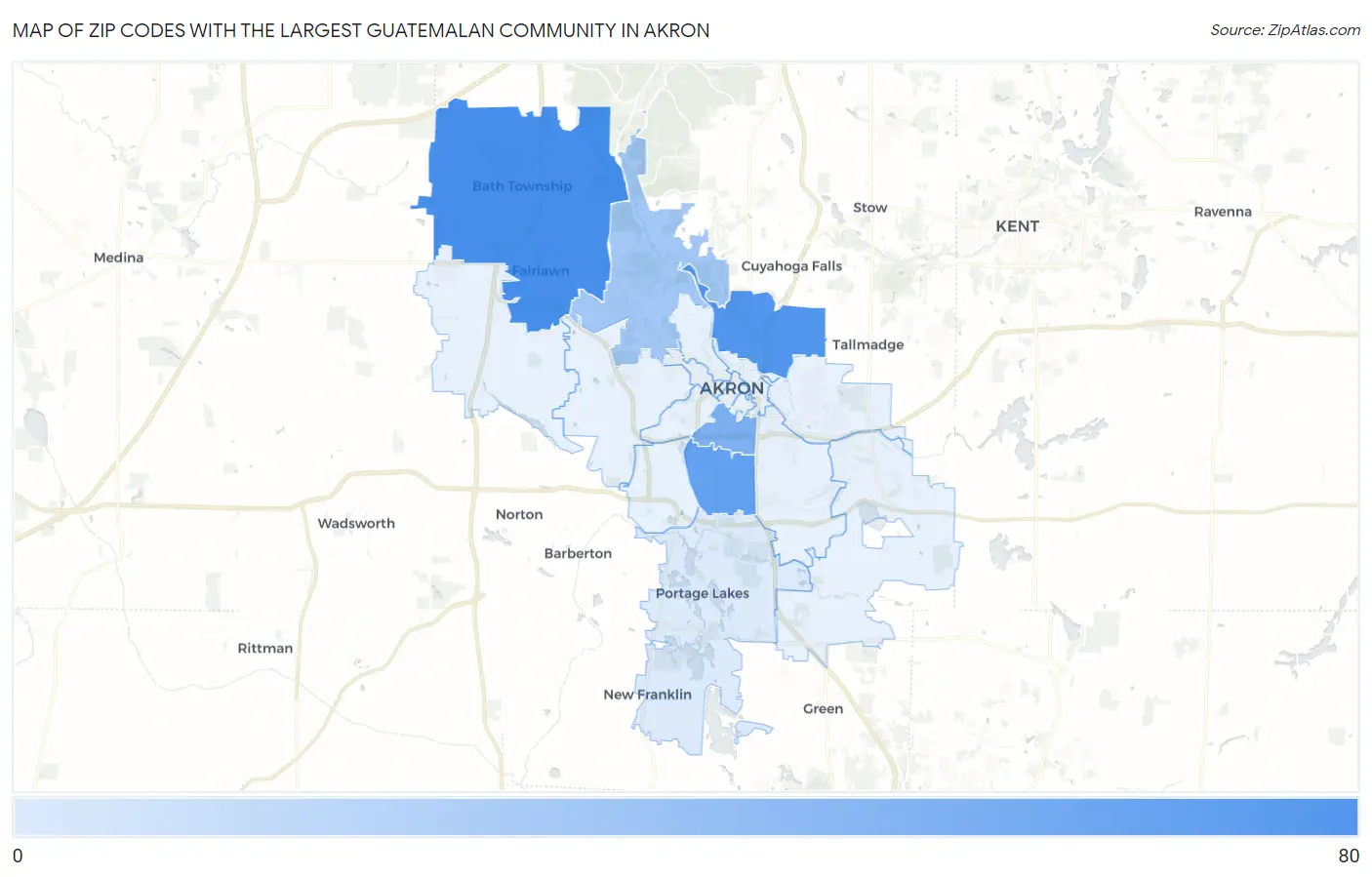 Zip Codes with the Largest Guatemalan Community in Akron Map