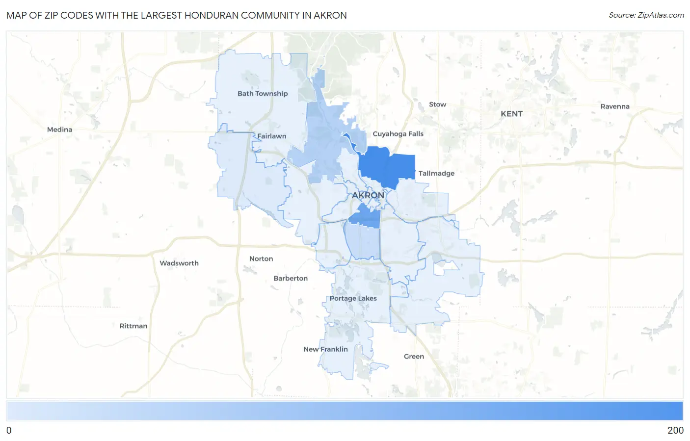 Zip Codes with the Largest Honduran Community in Akron Map