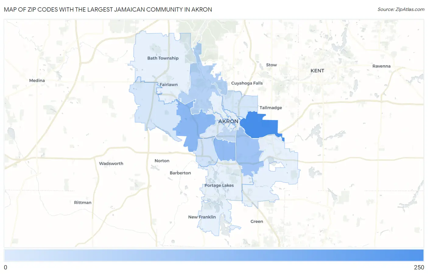 Zip Codes with the Largest Jamaican Community in Akron Map
