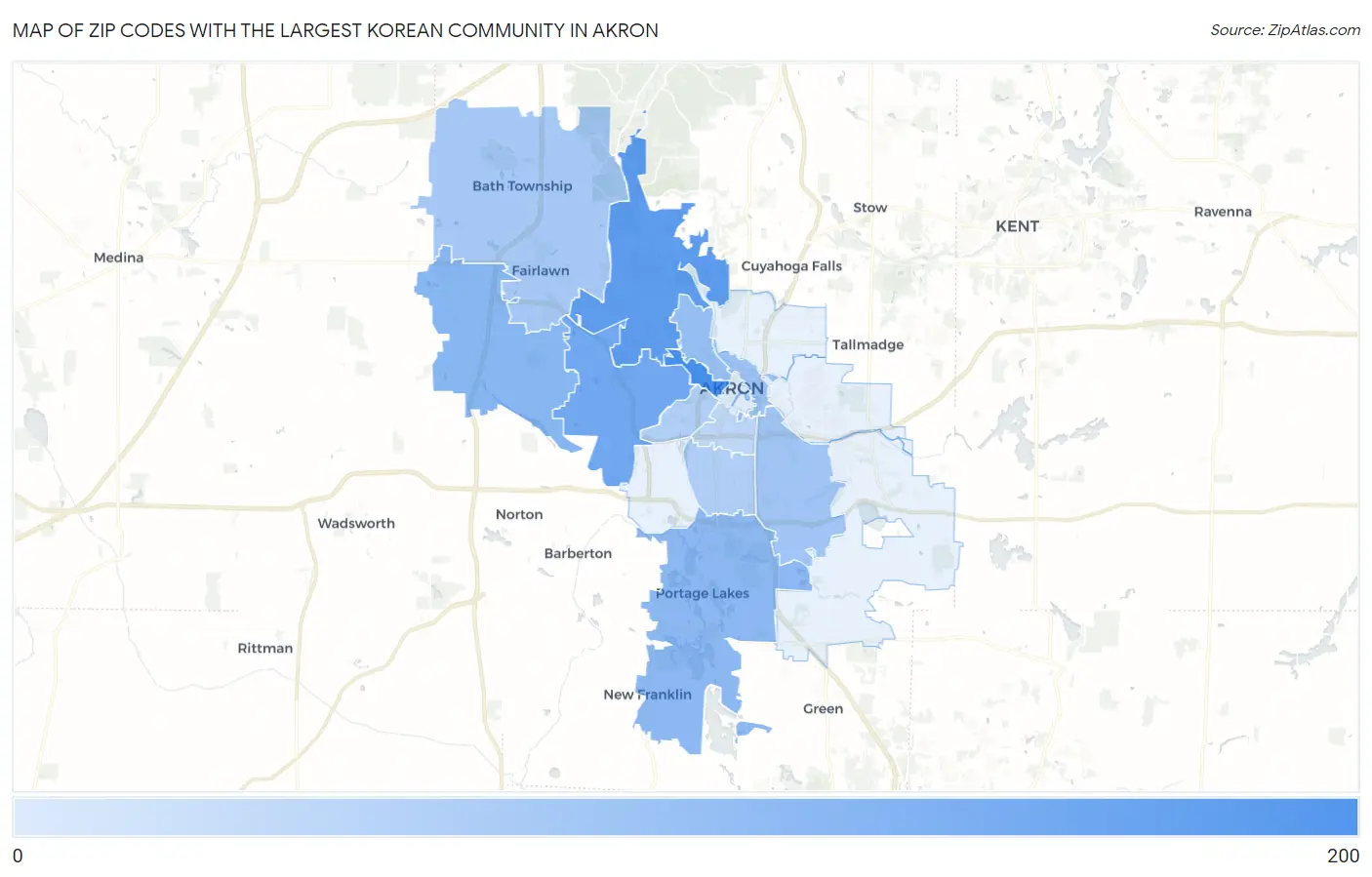 Zip Codes with the Largest Korean Community in Akron Map
