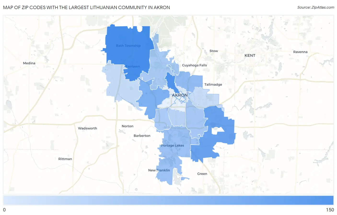 Zip Codes with the Largest Lithuanian Community in Akron Map