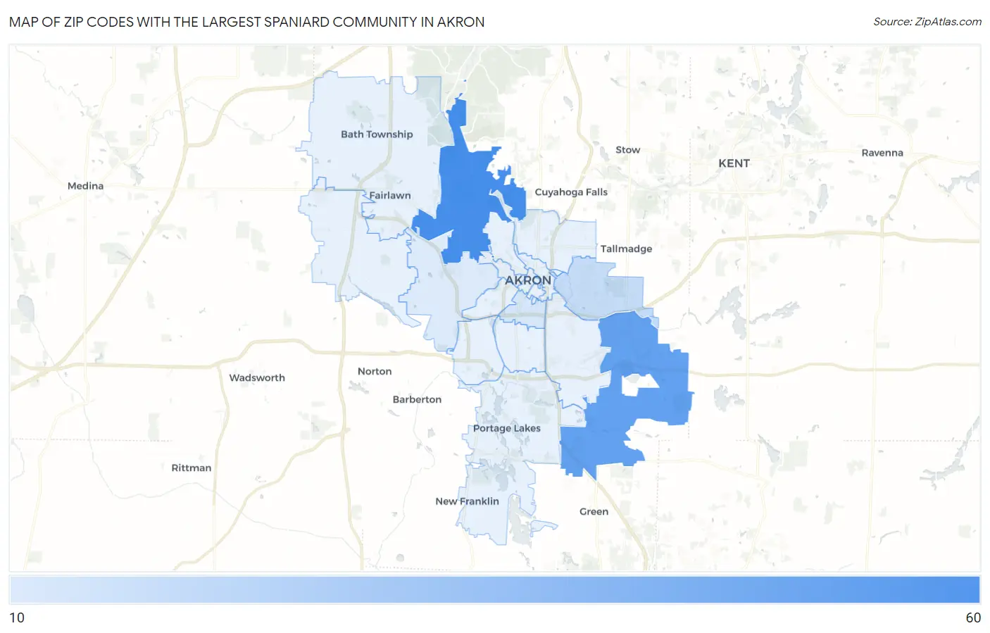 Zip Codes with the Largest Spaniard Community in Akron Map