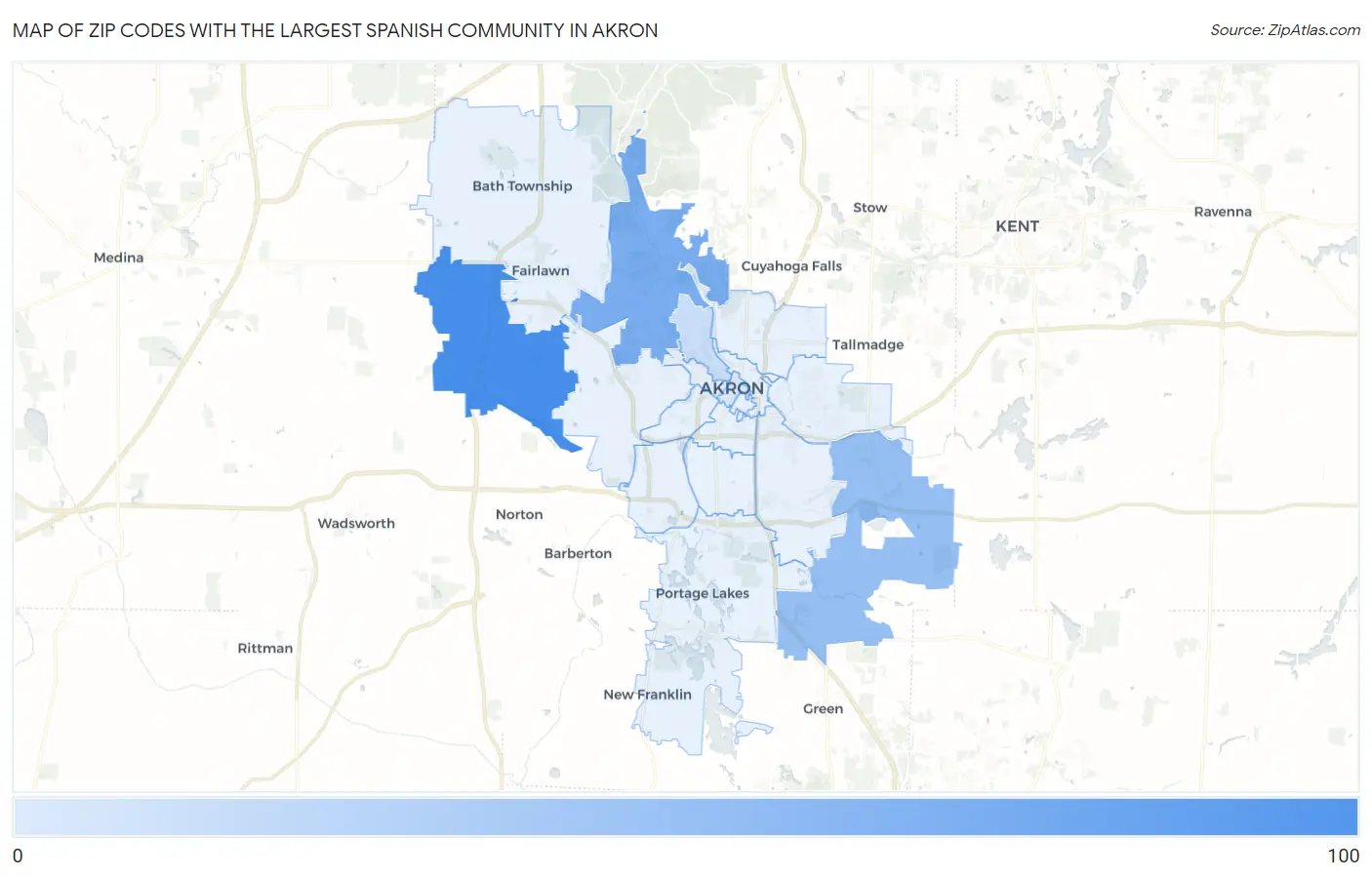 Zip Codes with the Largest Spanish Community in Akron Map