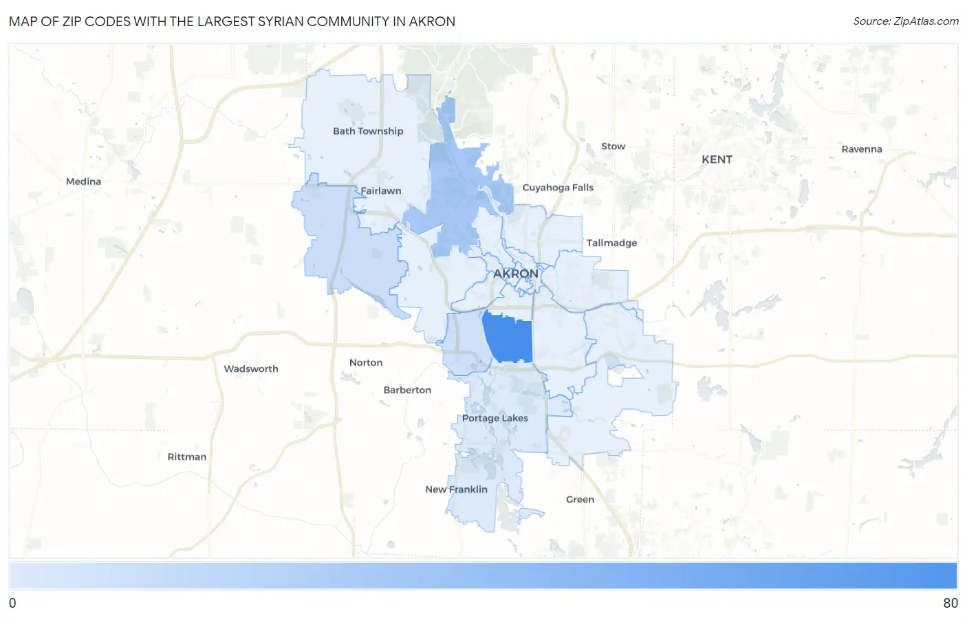 Zip Codes with the Largest Syrian Community in Akron Map